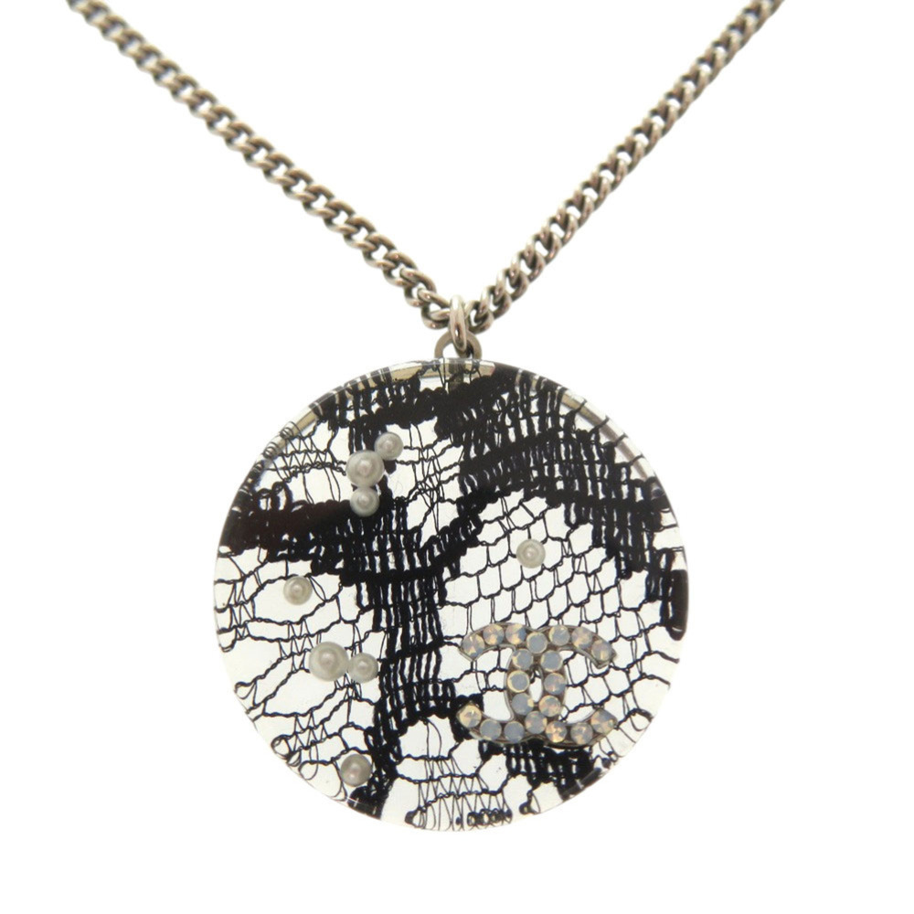 Chanel Authentic Silver Pearl Logo Necklace